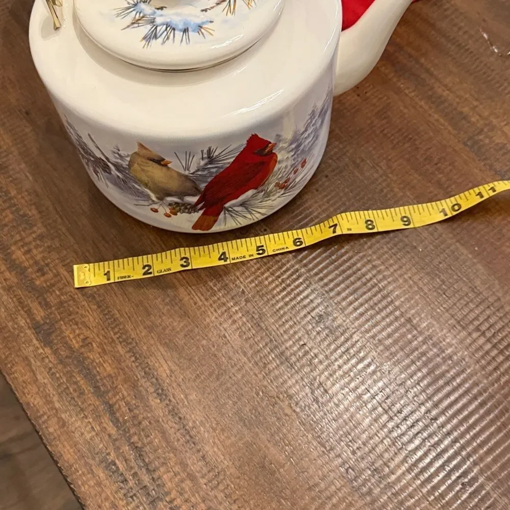 Vintage Lenox winter greetings, enamelware tea pot with a cardinal and chickadee